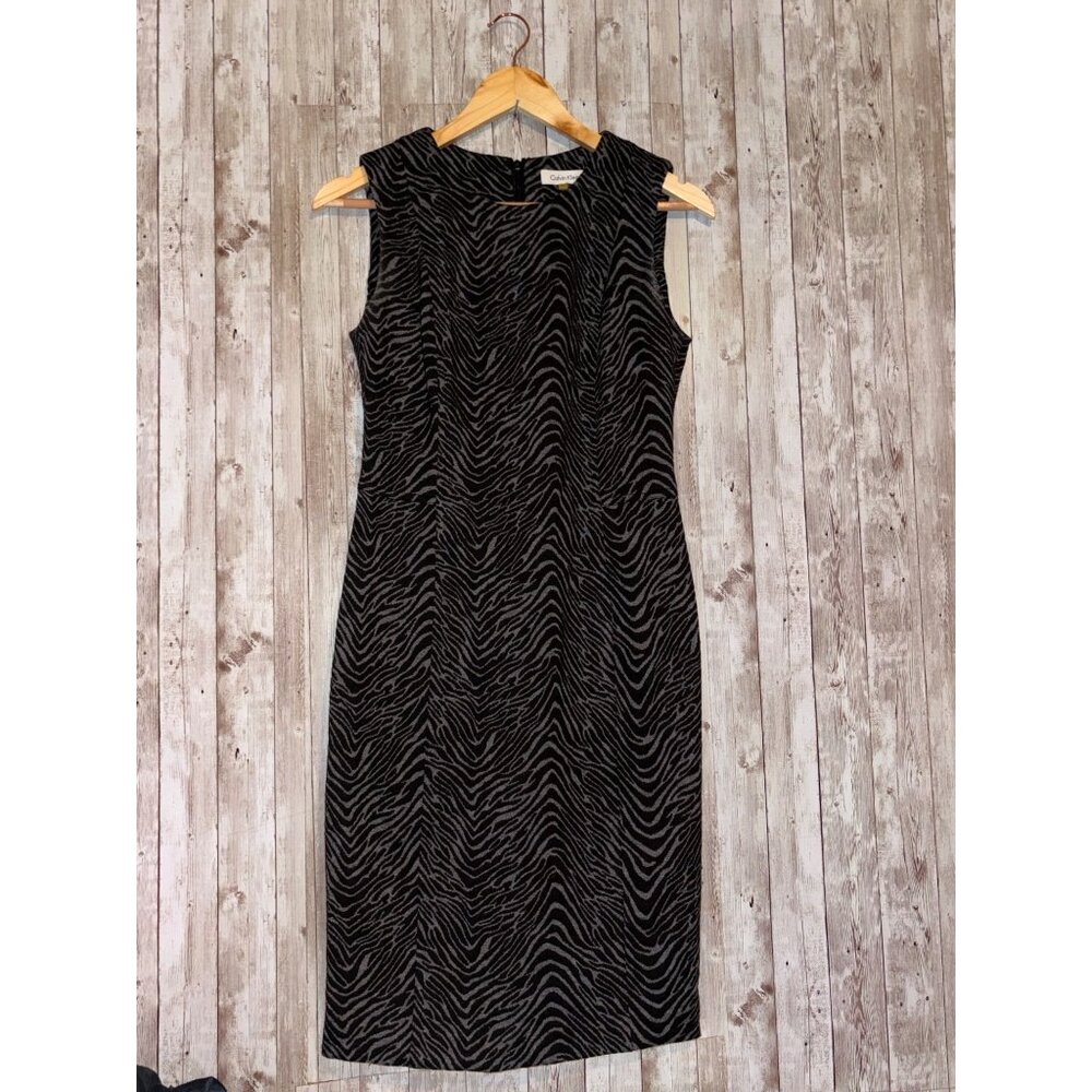 Calvin Klein Zebra Print Sleeveless Sheath Dress Size 4 Black Gray Zipper Career